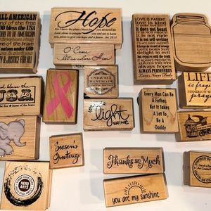 Lot Of 18 Wood Block Art Craft Ink Rubber Mounted Stamps Phrases Words Holidays